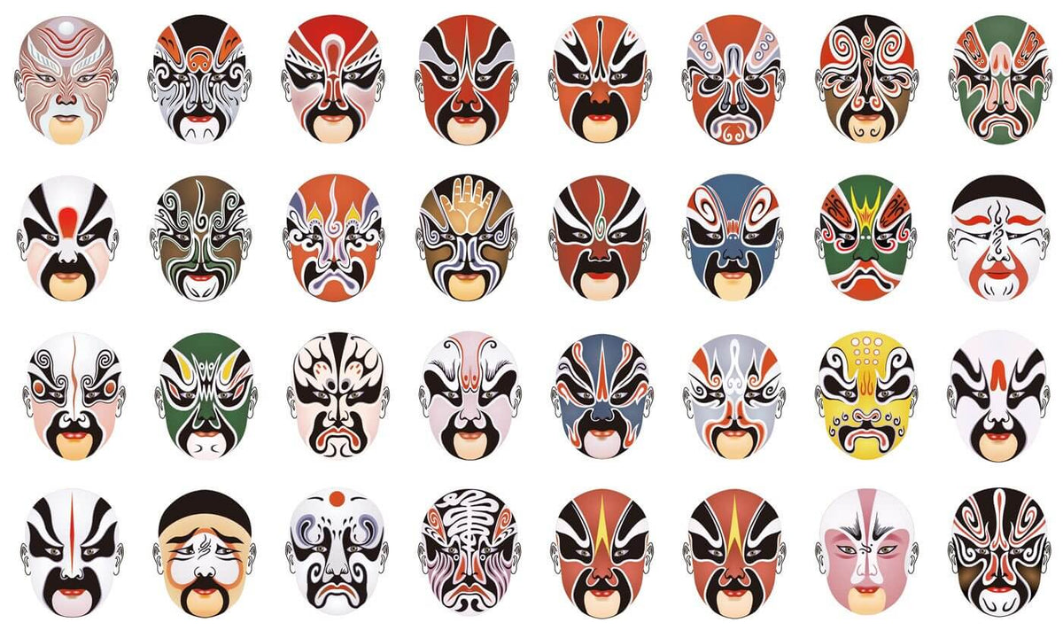 Vibrant Oriental Opera Masks Patterned Wallpaper - Colourful Cultural Wall Mural Art