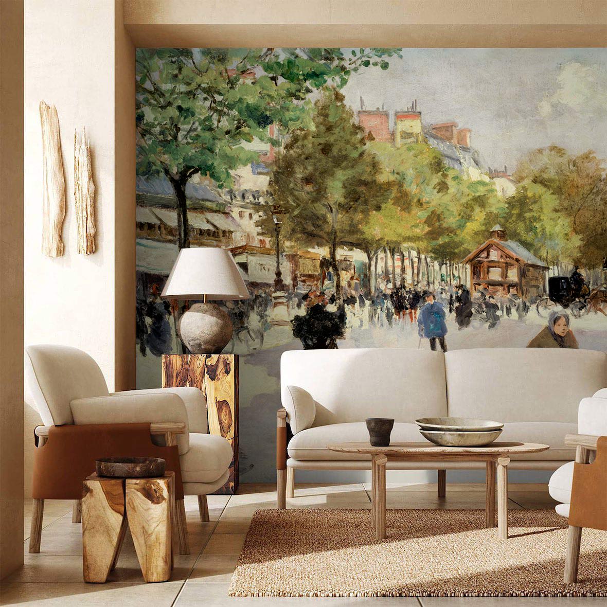 Vibrant Parisian streetscape mural wallpaper in living room with beige sofas, wooden furniture, and lamp.