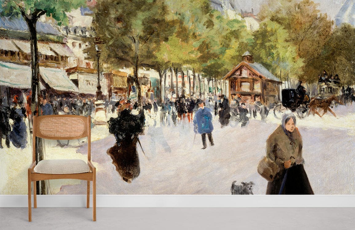 Historic Parisian mural wallpaper in vintage urban scene with wooden chair on grey flooring.