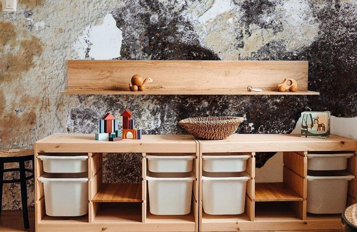 Vintage Rustic Textured Mural Wallpaper behind natural wooden storage unit, earthy brown tones, textured wall.