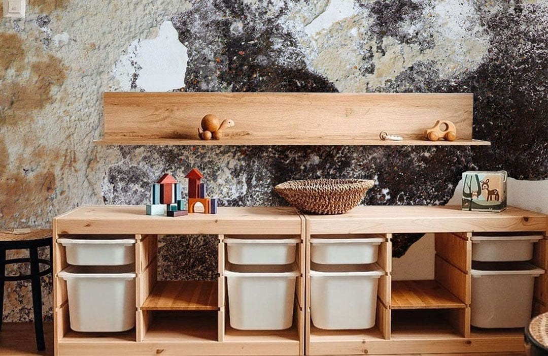 Vintage Rustic Textured Mural Wallpaper behind natural wooden storage unit, earthy brown tones, textured wall.