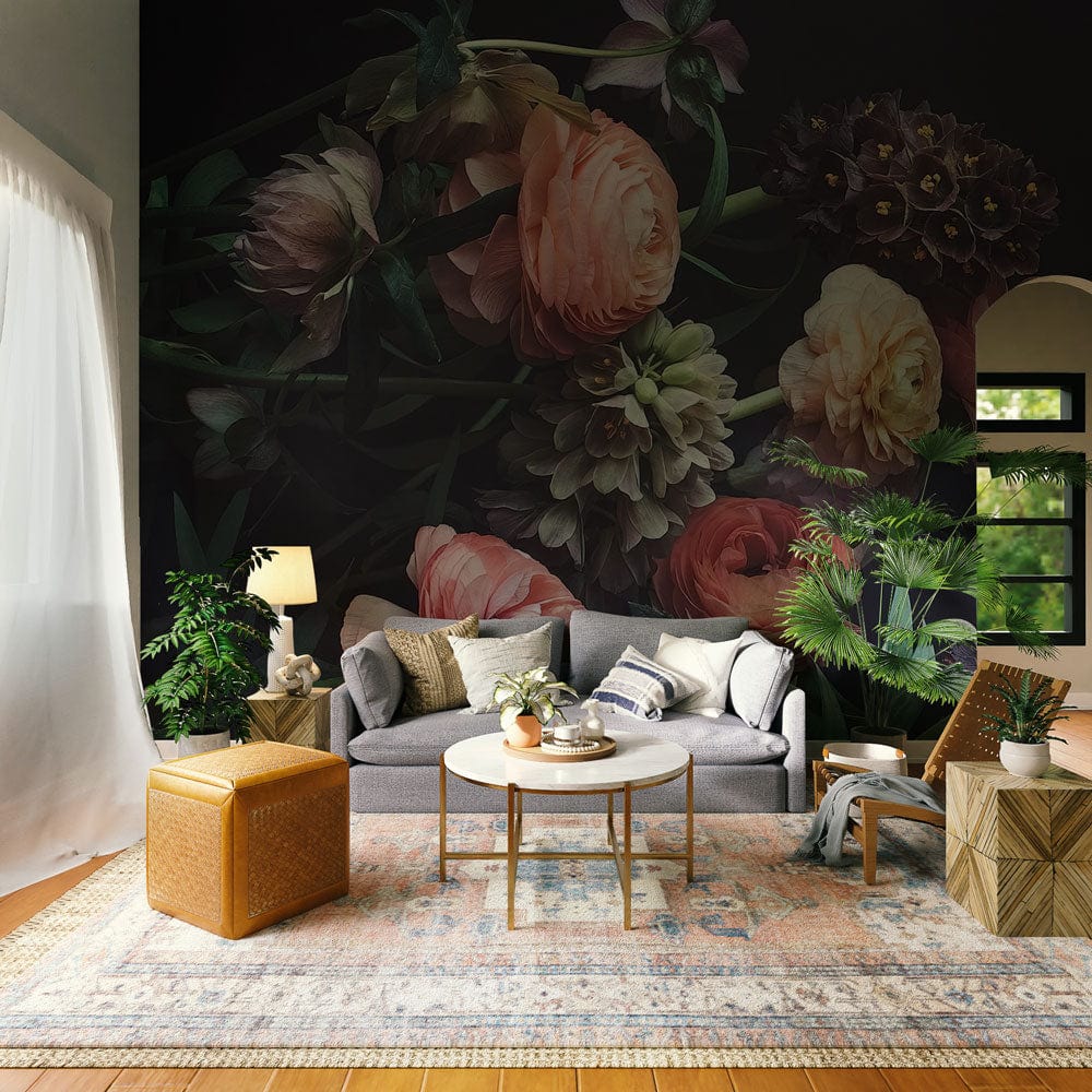 Vintage Floral Darkness Wallpaper; moody botanical blooms; grey sofa; elegant living room; stylish decor.