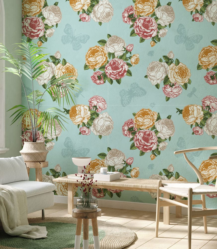 Vintage floral wallpaper with butterflies, light blue sofa, soft green walls, natural wood furniture.