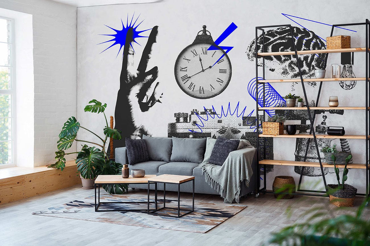 Retro Industrial Blue Mural Wallpaper, vintage clock, grey sofa, wood flooring, modern living room decor.