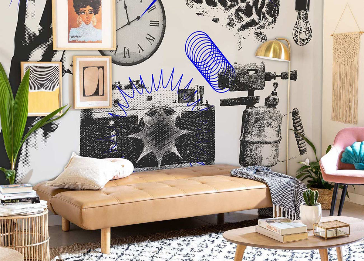 Retro Industrial Blue Monochrome Mural Wallpaper with Vintage Clocks, tan leather sofa, boho living room.