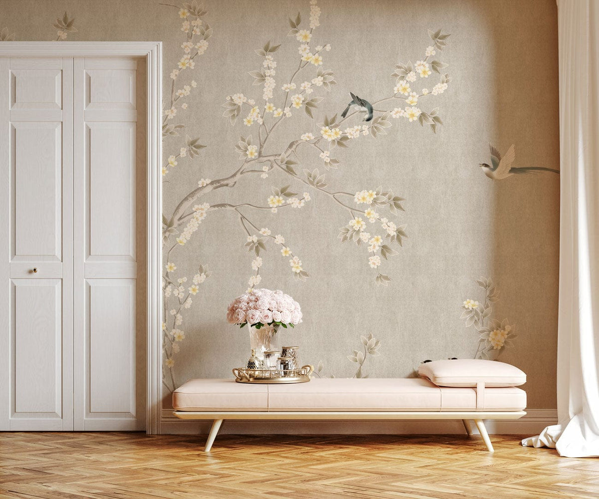 Elegant Blossom and Birds wallpaper in a vintage room with cream sofa, parquet flooring, and tall curtains.