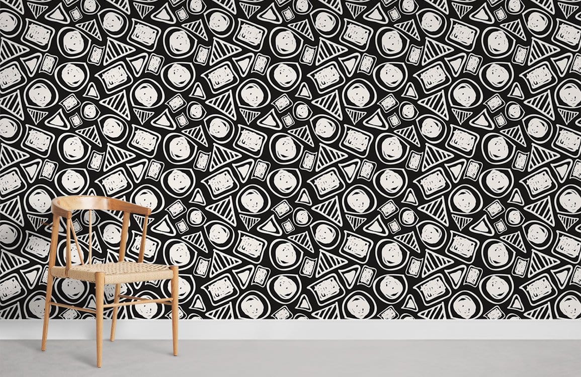 Monochrome geometric wallpaper in abstract art style, wooden chair, grey flooring, contemporary design.