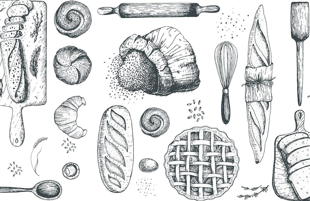 Vintage Bakery Delight Monochrome Kitchen Mural Wallpaper with Bread Illustrations