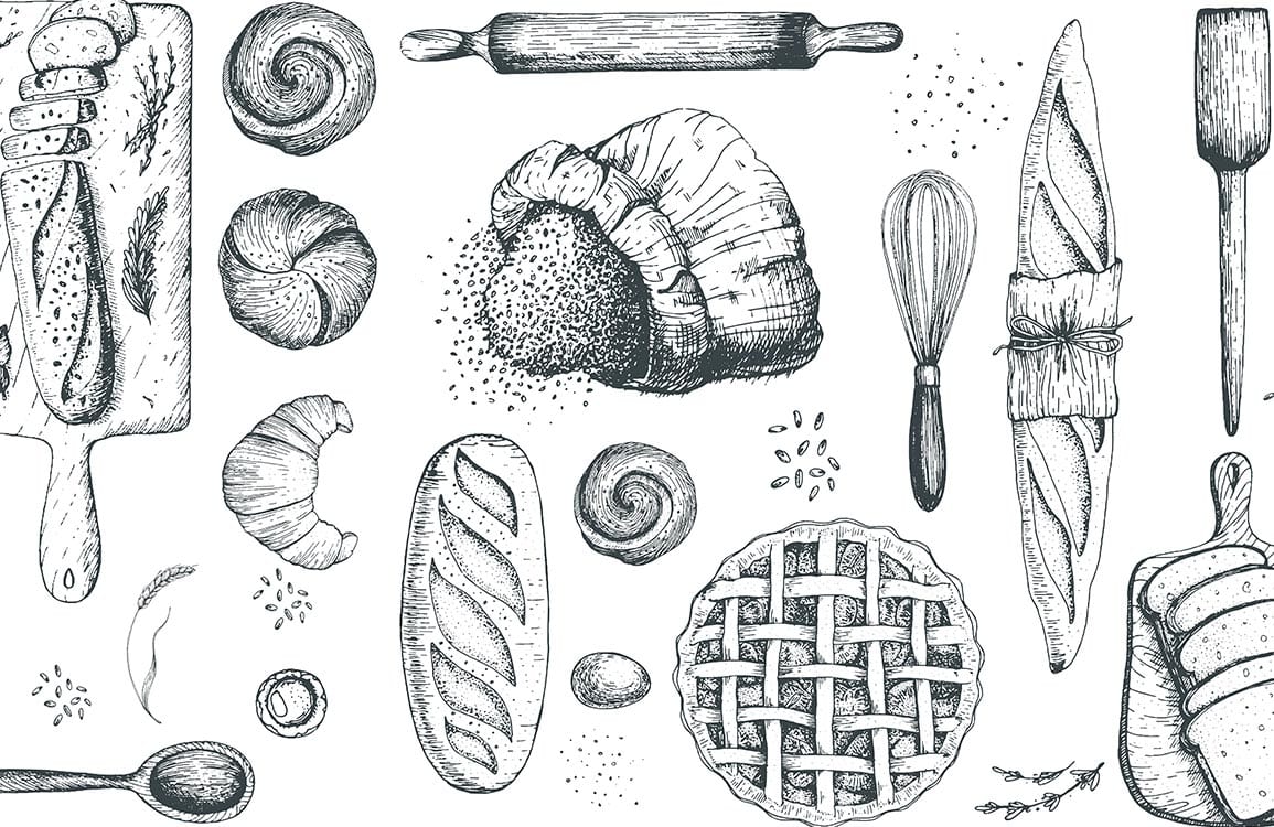 Vintage Bakery Delight Monochrome Kitchen Mural Wallpaper with Bread Illustrations