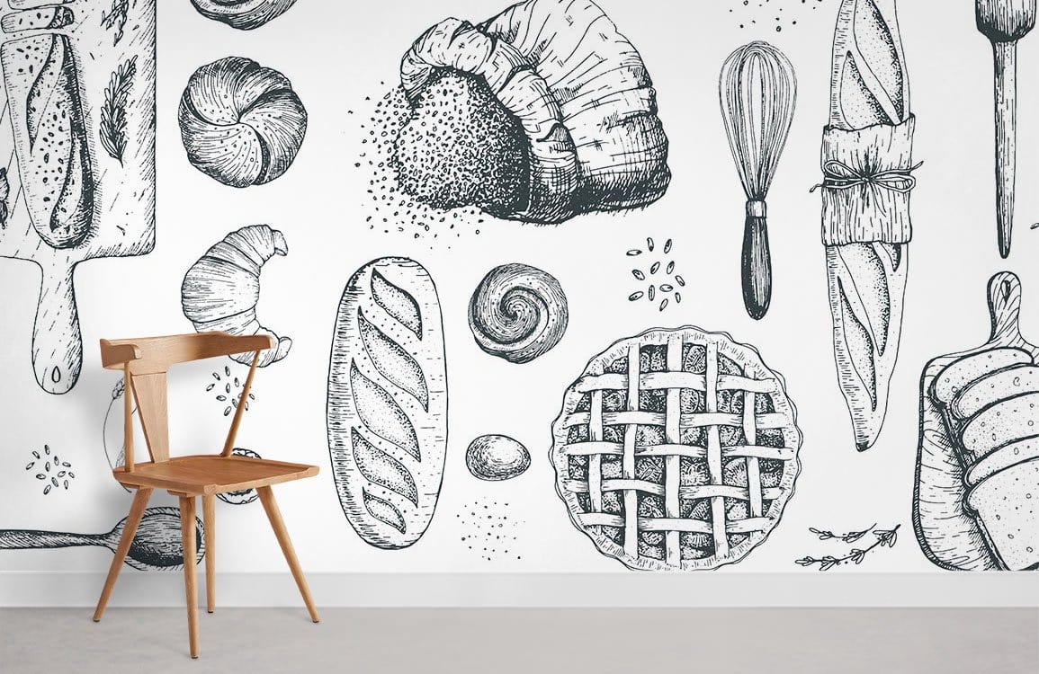Vintage Bakery Delight kitchen mural wallpaper with bread illustrations, wooden chair, light grey floor.