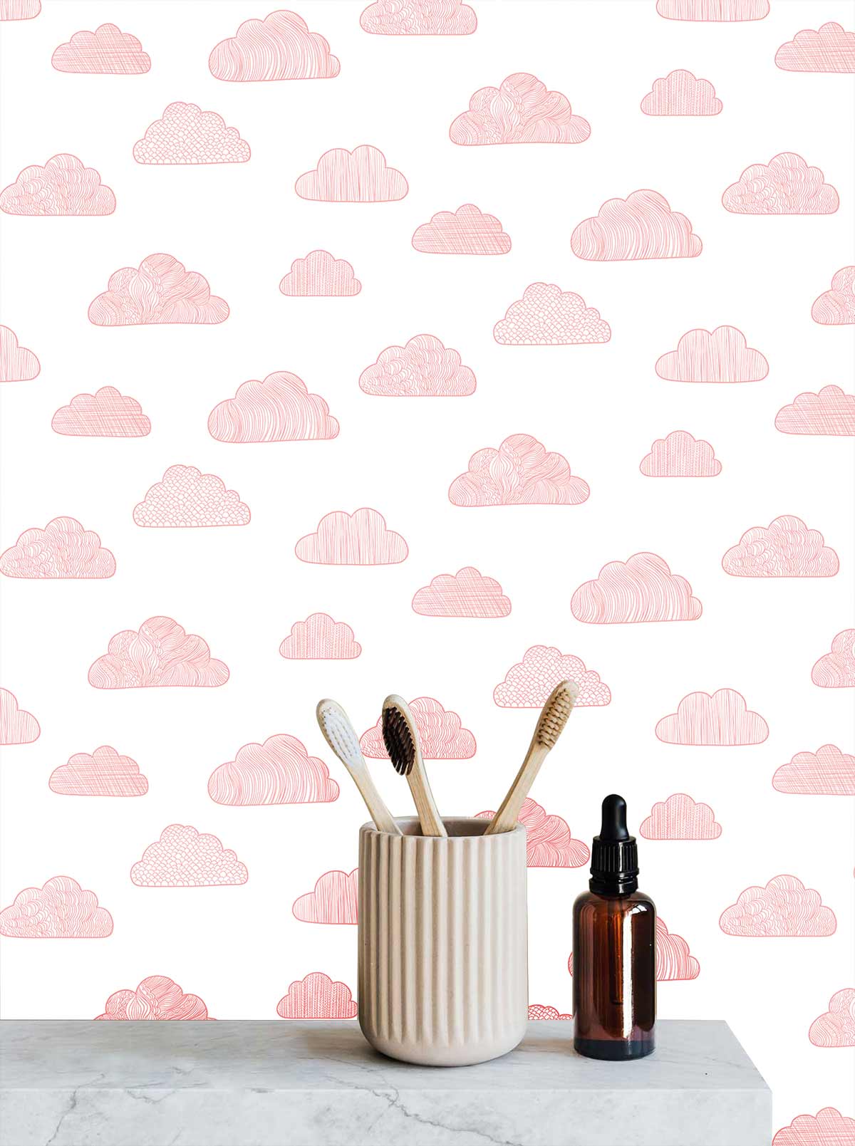 Pink Cloud Pattern Wallpaper with pastel skies, ideal for dreamy interiors, shown on marble surface.