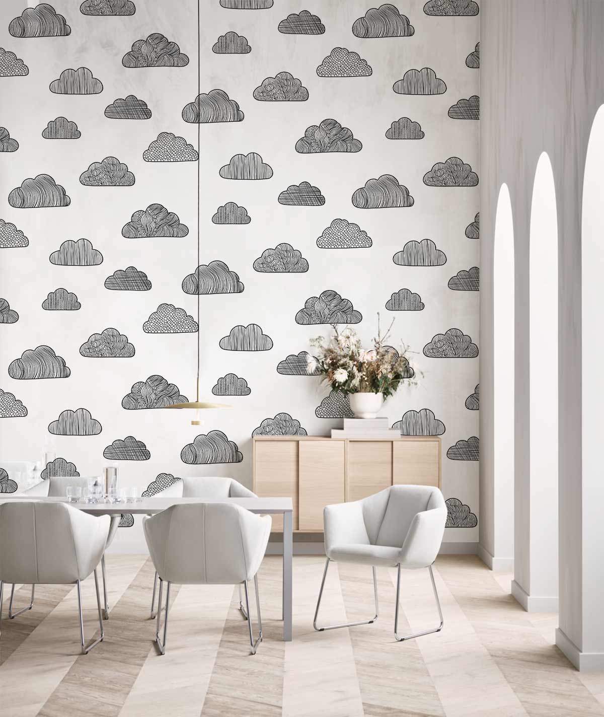 Monochrome Cloud Pattern Wallpaper in dining room with minimalist chairs, light wood flooring, elegant decor.
