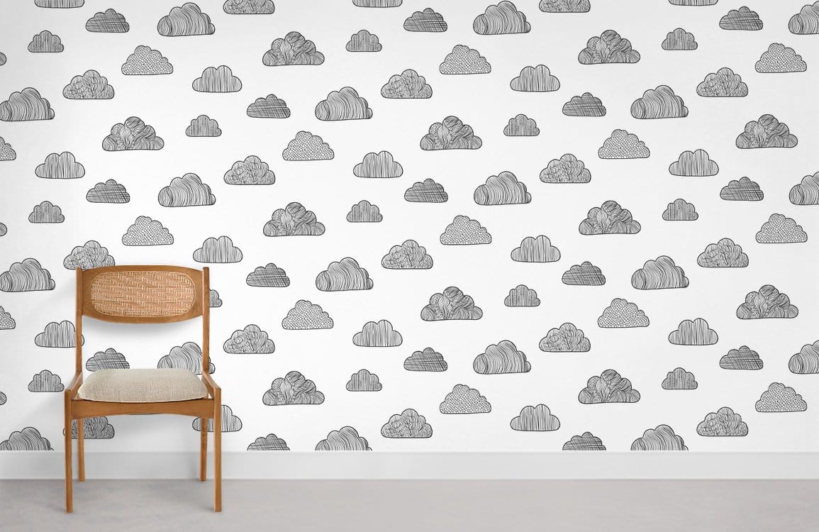 Monochrome cloud pattern wallpaper; minimalist design with wooden chair; grey flooring; contemporary setting.