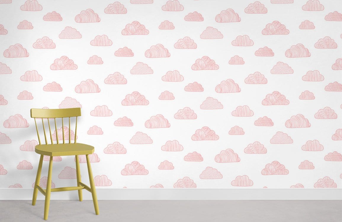 Pink Cloud Pattern Wallpaper in living room with pastel chair, cream walls, and light wood flooring.