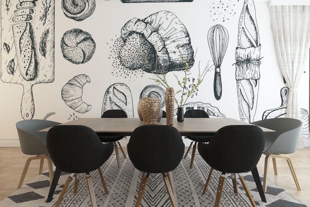 Vintage Bakery Delight mural with bread illustrations, dining room, monochrome wallpaper, dark chairs, wooden table.