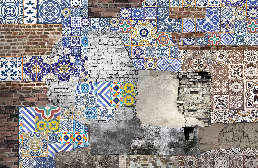 Vintage Rustic Patchwork Mural Wallpaper with Colourful Geometric Tile Patterns