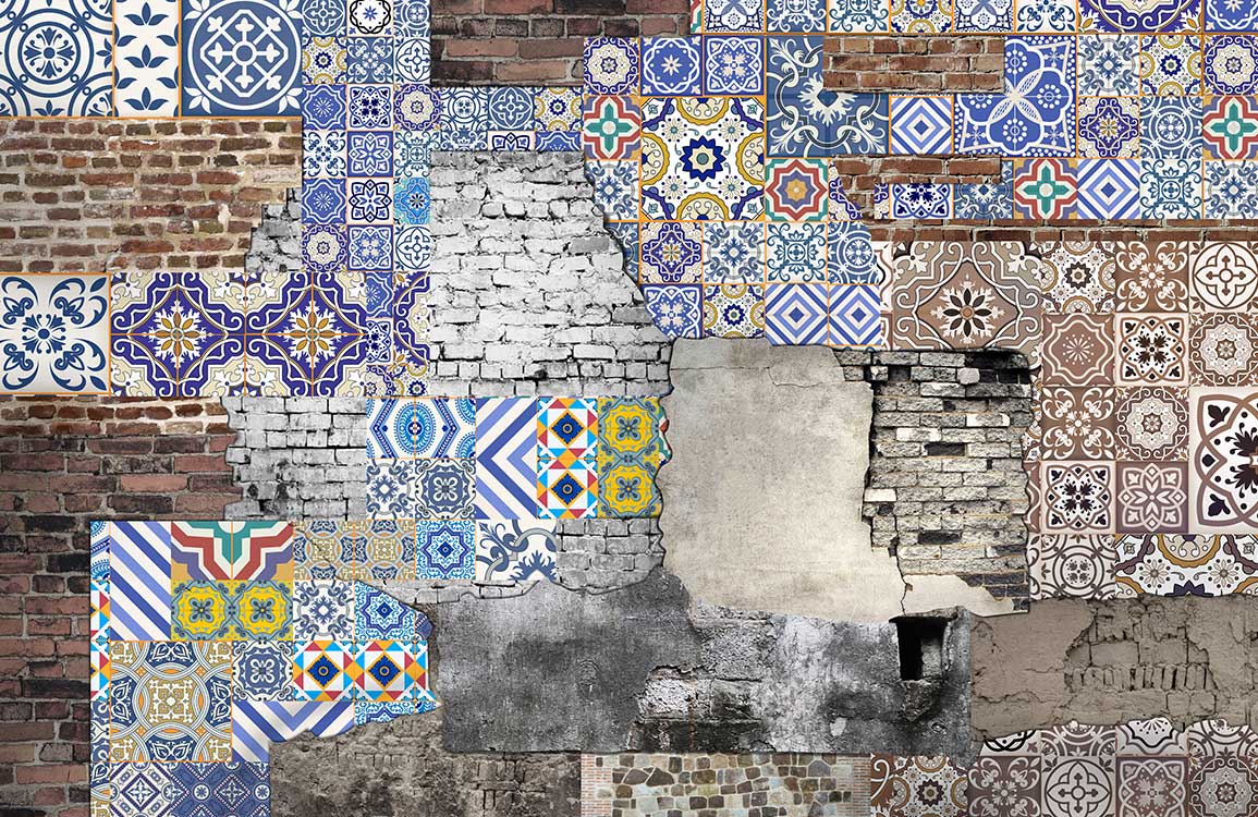 Vintage Rustic Patchwork Mural Wallpaper with Colourful Geometric Tile Patterns
