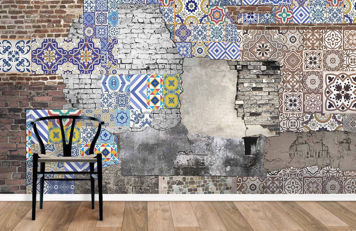 Vintage Rustic Patchwork Mural Wallpaper with colourful geometric tiles, wooden flooring, black patterned chair.