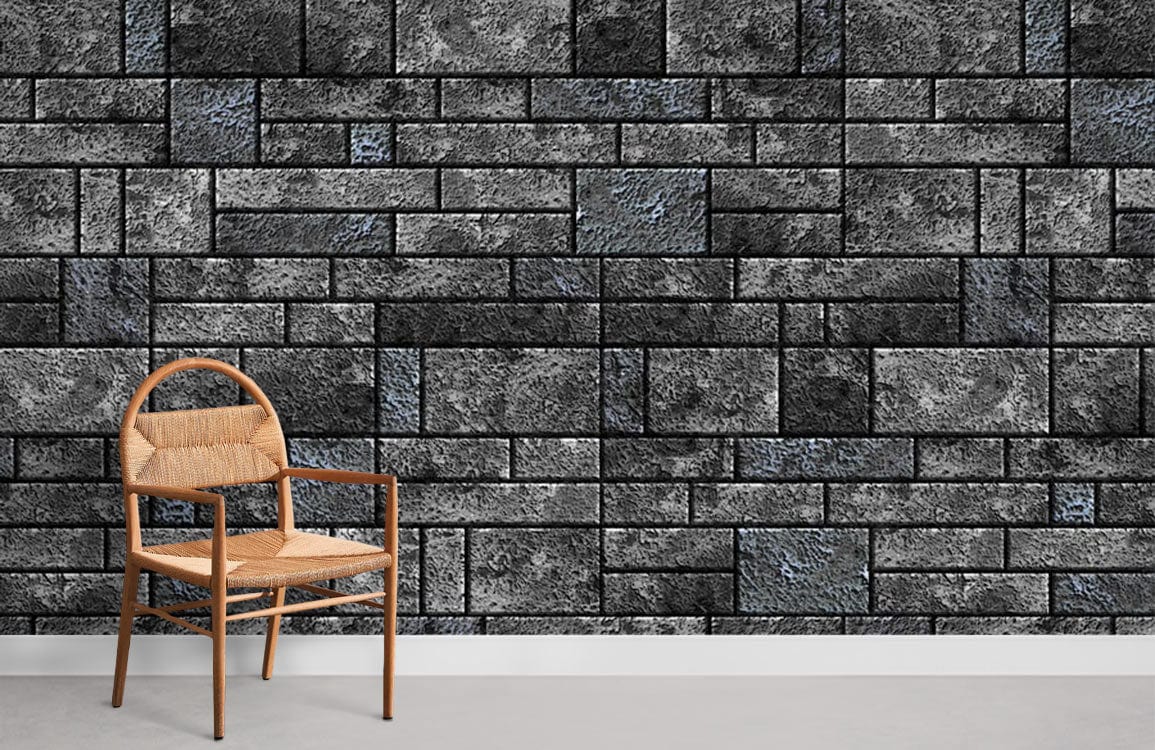 Elegant grey stone brick wallpaper, modern interior with wooden chair, grey flooring, stylish room design.