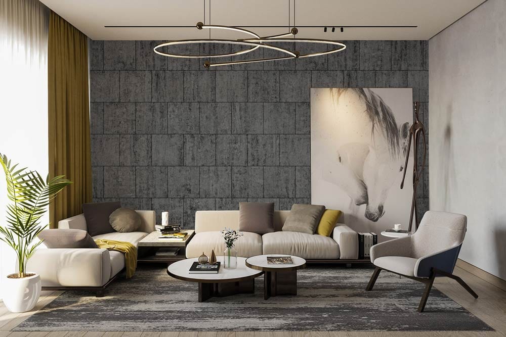 Modern living room with Industrial Charcoal Grey Brick Effect Wallpaper, contemporary sofas, abstract artwork, and striped rug.