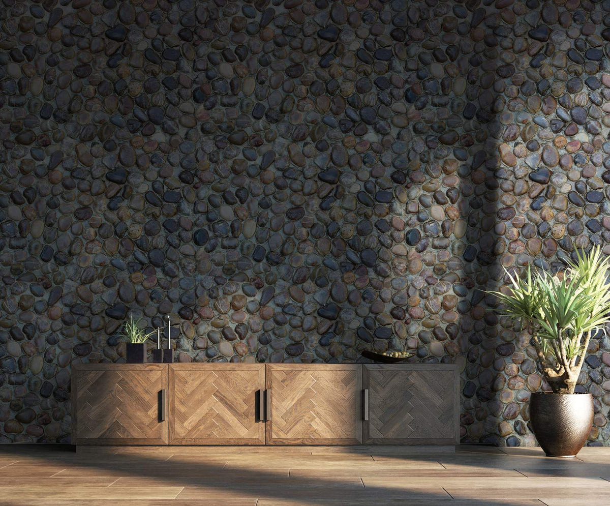 Natural Pebble Stone Textured Wallpaper with wooden cabinet, plant decor, and tiled flooring in room.