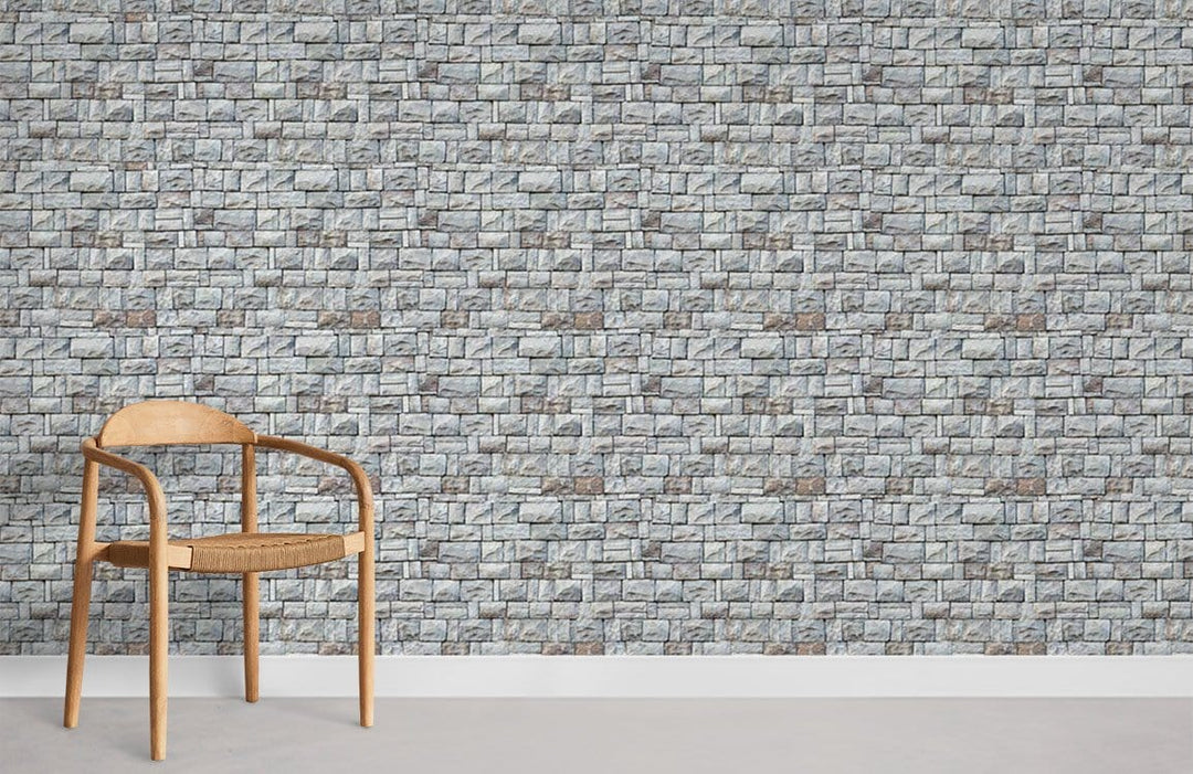 Rustic grey stone brick wallpaper, classic interior, wooden chair, minimalist style, neutral floor.
