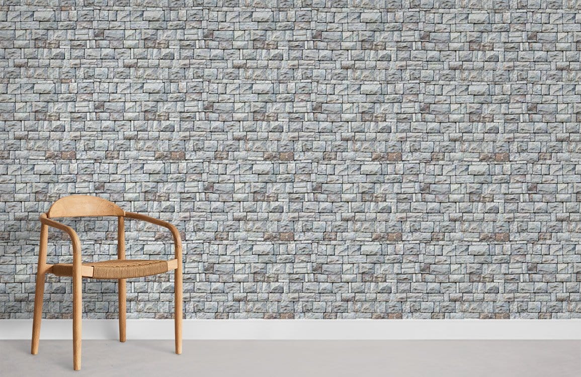 Rustic grey stone brick wallpaper, classic interior, wooden chair, minimalist style, neutral floor.