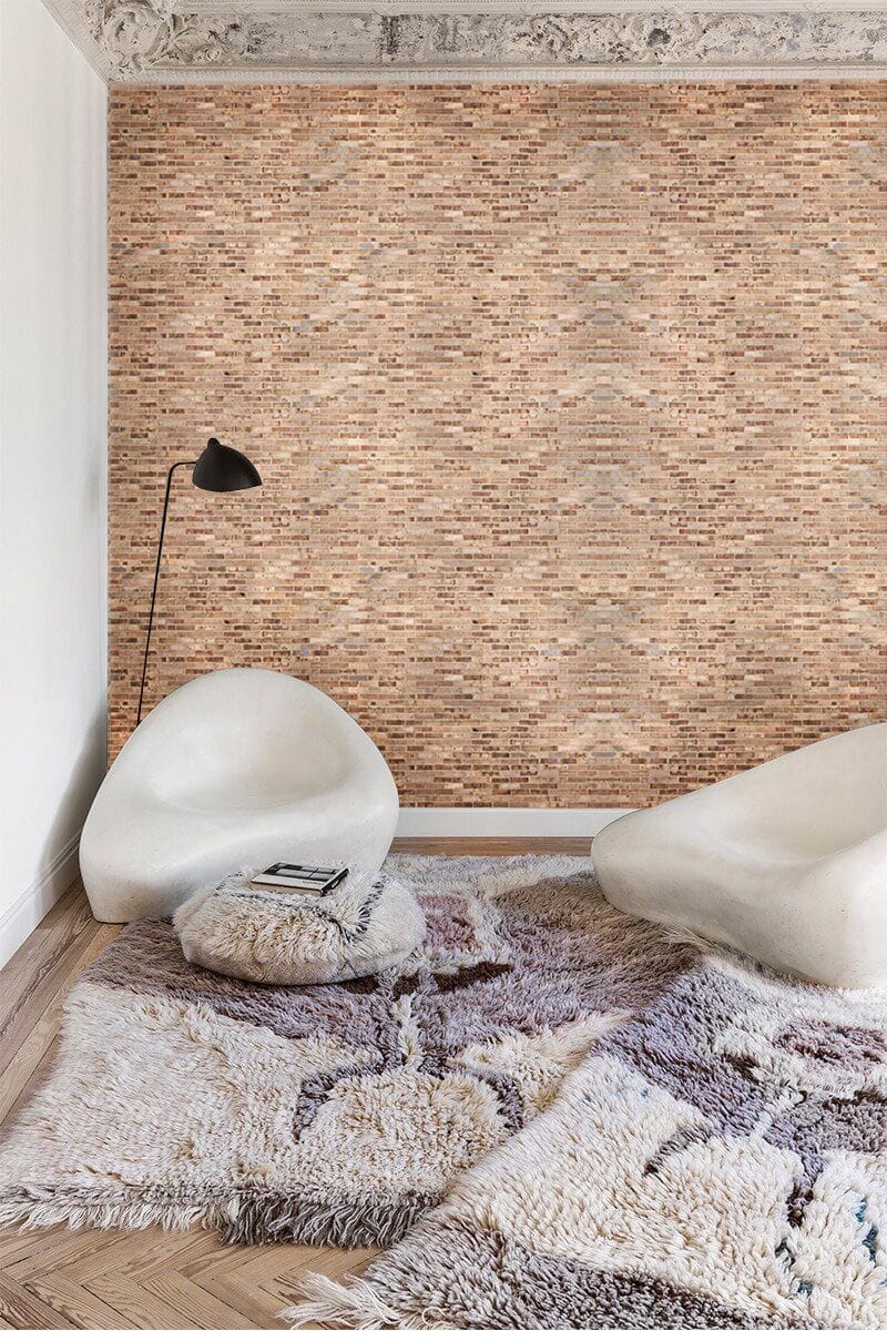 Elegant Earthy Brick Pattern Wallpaper; rustic interior, white chairs, wooden flooring, textured decor.