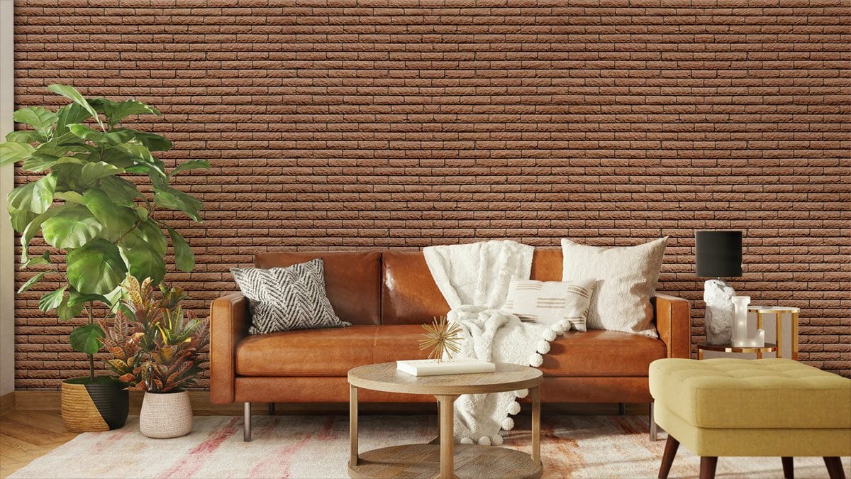 Rustic textured brown brick wallpaper, brown leather sofa, wooden floor, chic interior design style.