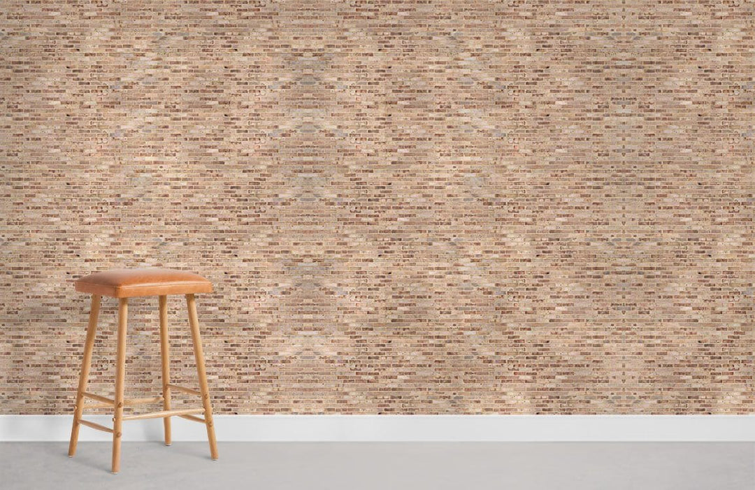 Elegant textured brick wallpaper with brown stool, suitable for rustic interiors; grey flooring enhances atmosphere.