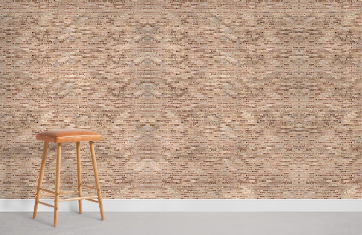 Elegant textured brick wallpaper with brown stool, suitable for rustic interiors; grey flooring enhances atmosphere.
