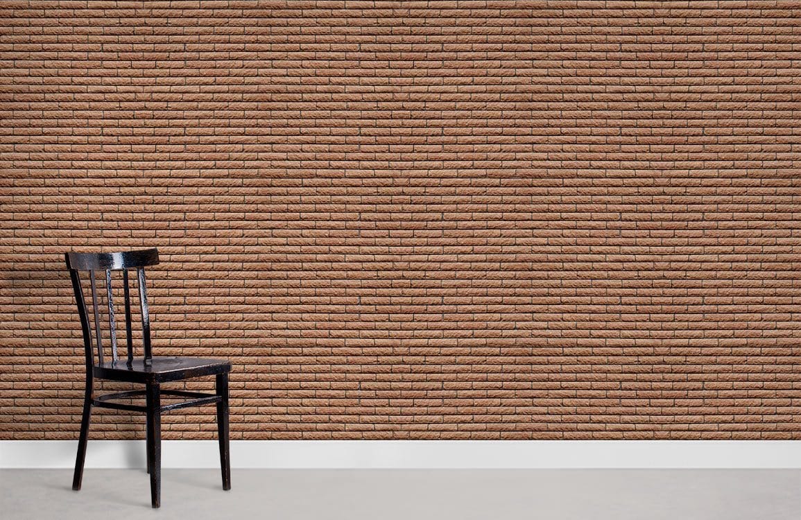 Rustic textured brown brick wallpaper with black wooden chair, chic interior design, concrete flooring.