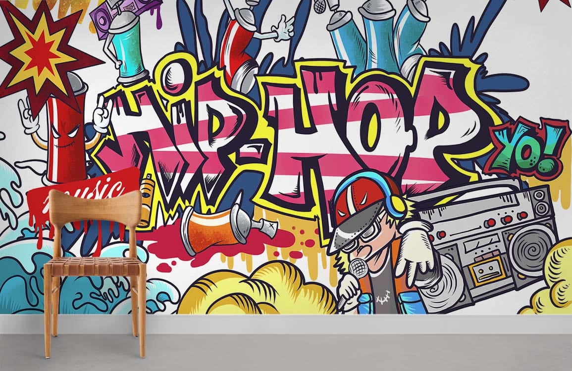 Vibrant hip hop graffiti mural wallpaper in urban art decor with wooden chair on grey floor.