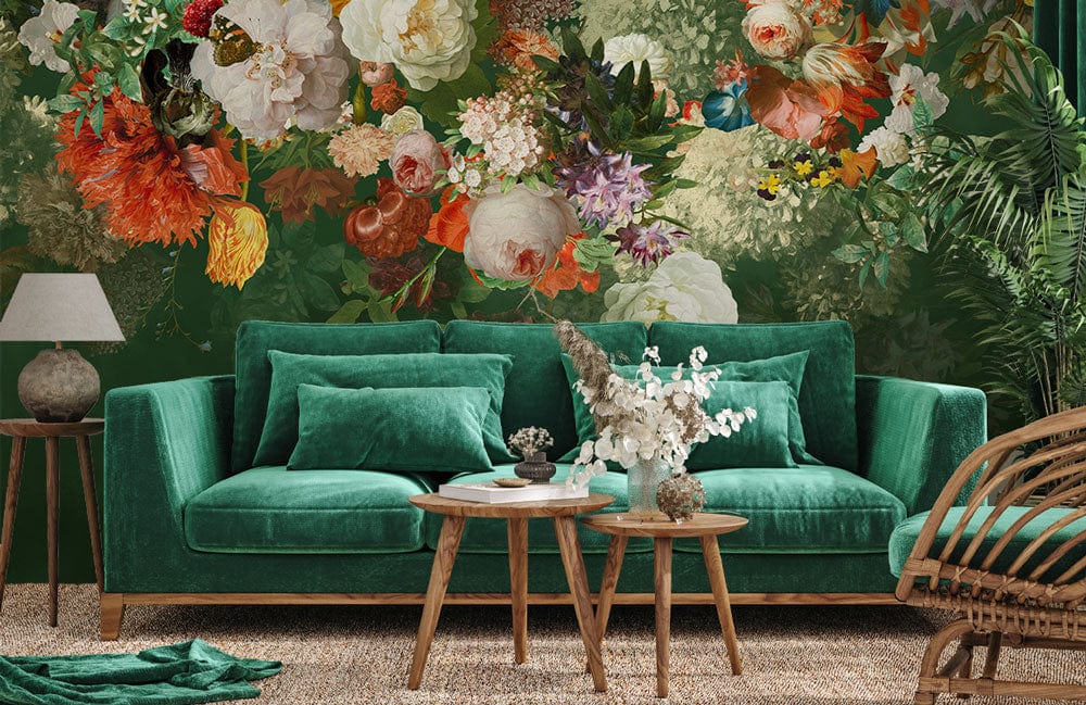Luxurious floral mural wallpaper, vibrant botanical design, green sofa, elegant lamps, cosy living room.