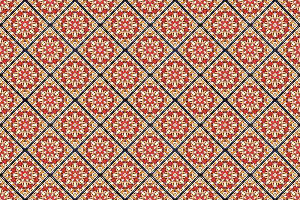 Vintage Red and Blue Geometric Floral Pattern Tile Wallpaper Design