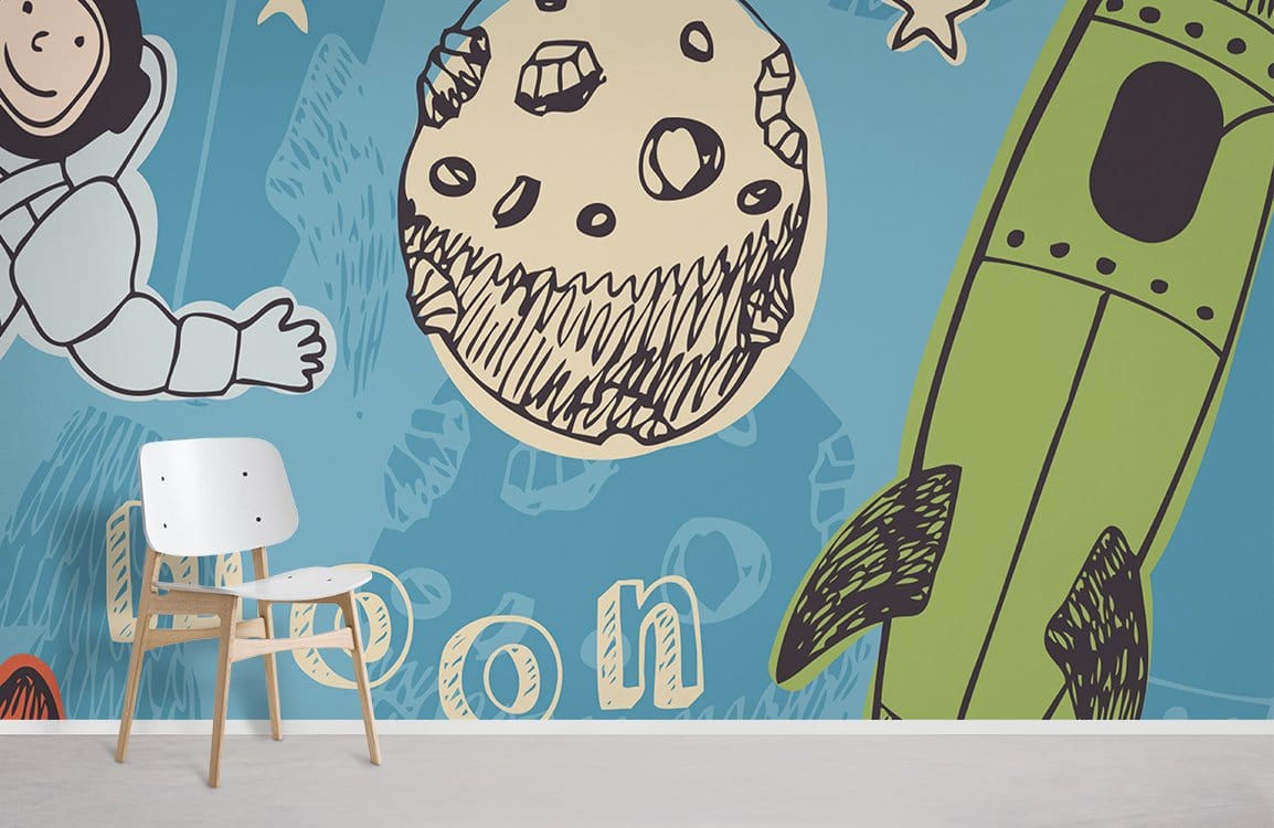 Playful Astronauts Kids' Blue Wallpaper Mural with white chair; space-themed decor in child's room.
