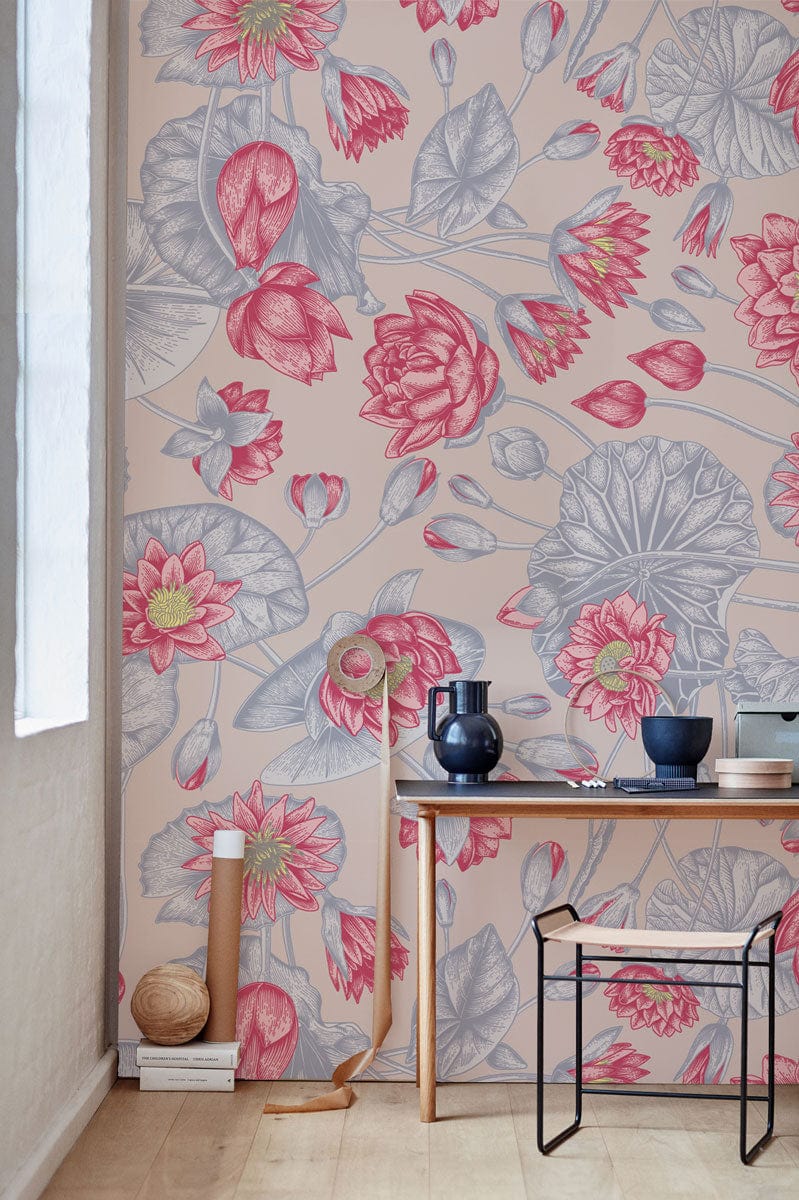 Pink and Blue Lotus Botanical Wallpaper in modern room with light wood flooring, contemporary chair, desk.