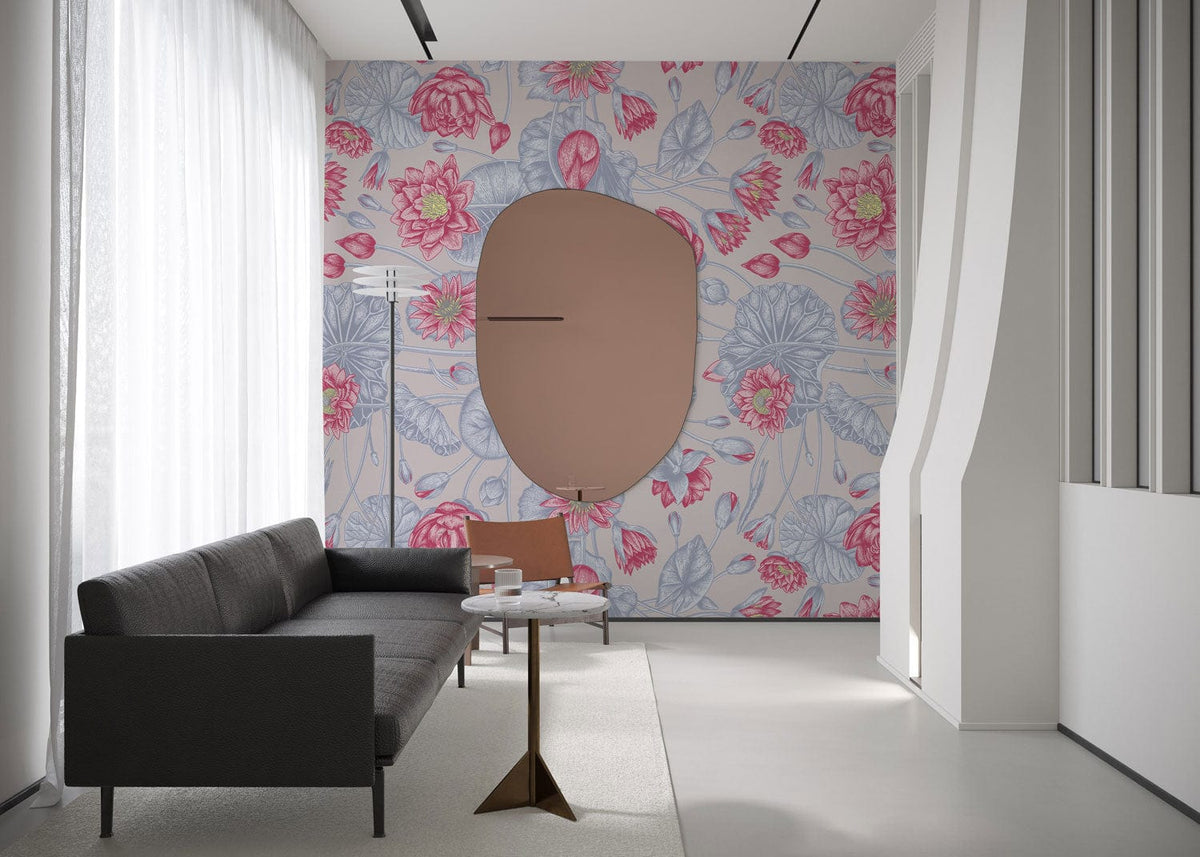 Pink and Blue Lotus Blossom Wallpaper in modern living room with grey sofa, white walls, minimalist decor.