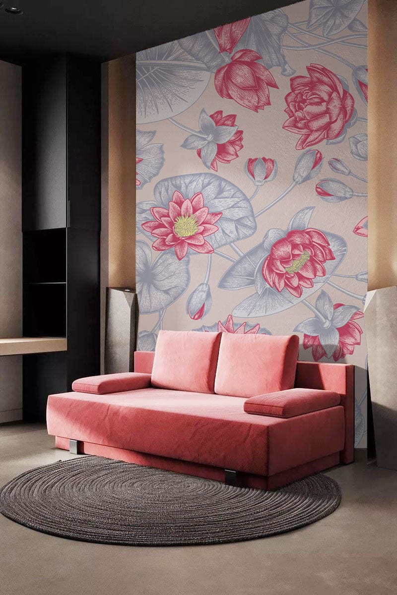 Pink and Blue Lotus Blossom Wallpaper with pink sofa, grey flooring, botanical design, tranquil elegance.