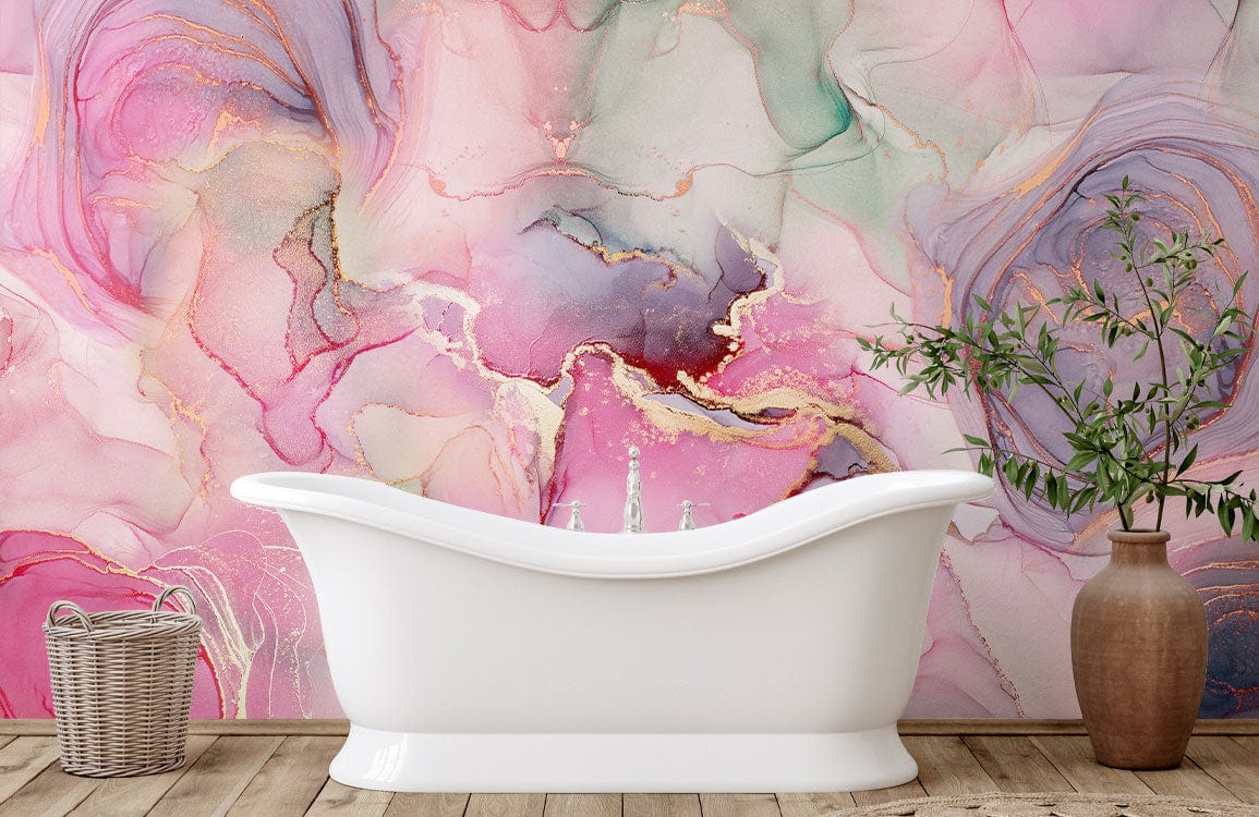 Elegant pink and green watercolour swirl mural wallpaper behind white bathtub, with wooden flooring.