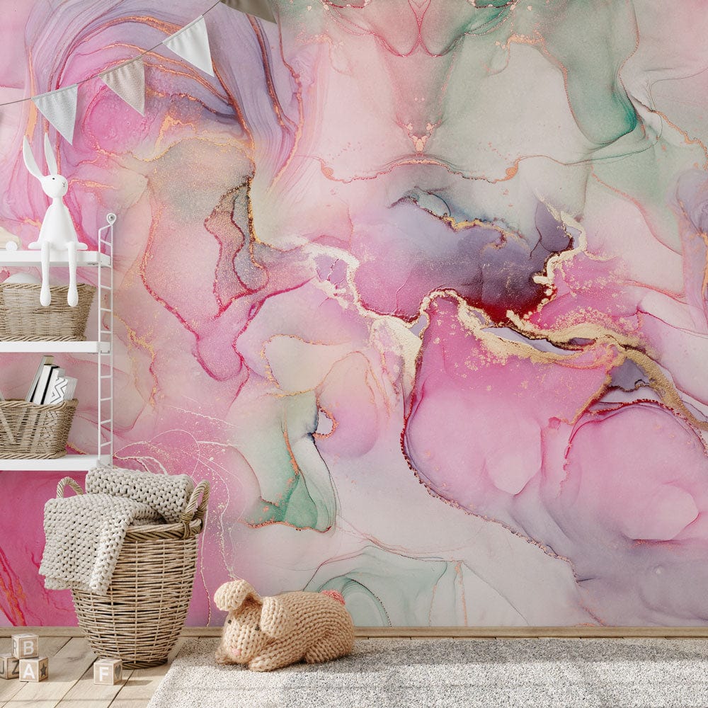 Elegant Pink and Green Watercolour Swirl Mural Wallpaper in children's room with wicker basket and toys.