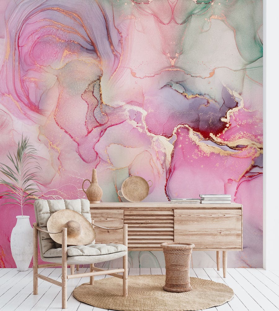 Elegant pink and green watercolour swirl mural wallpaper in modern room with wooden furniture and decor.