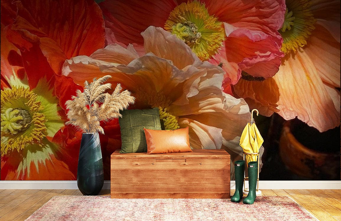 Vibrant Poppy Blooms Floral Wallpaper in entryway with wooden bench, green cushions, rug, natural decor.