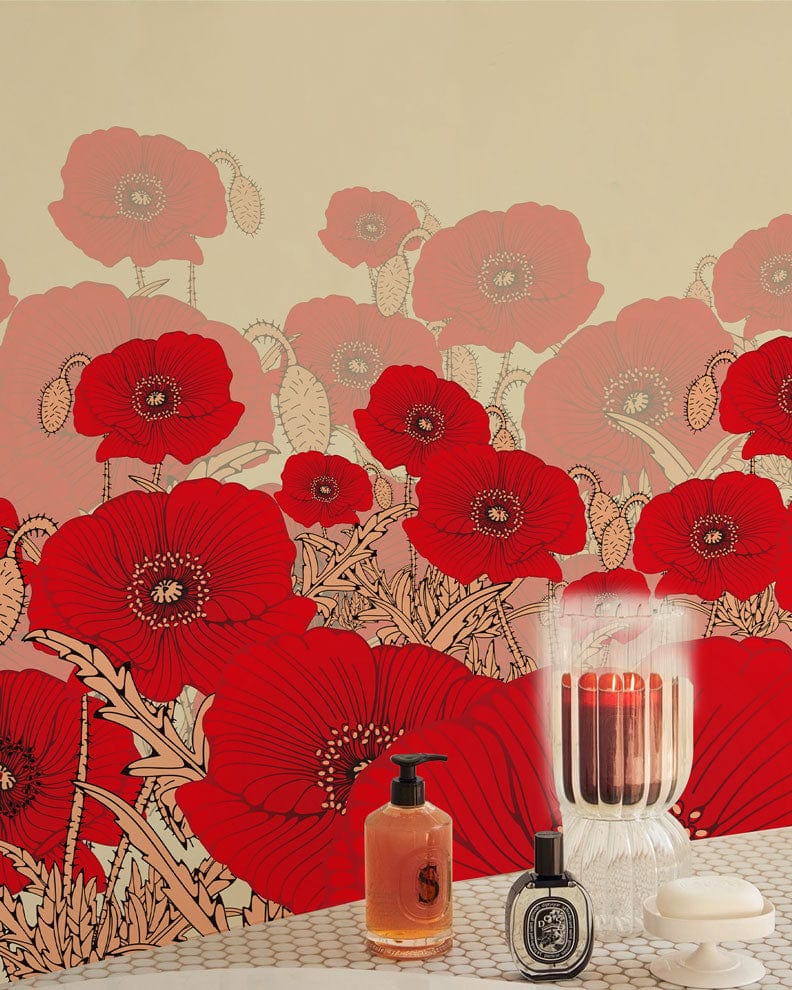 Red Poppy Field Mural Wallpaper in vibrant floral design, enhancing home Décor with bold red flowers.