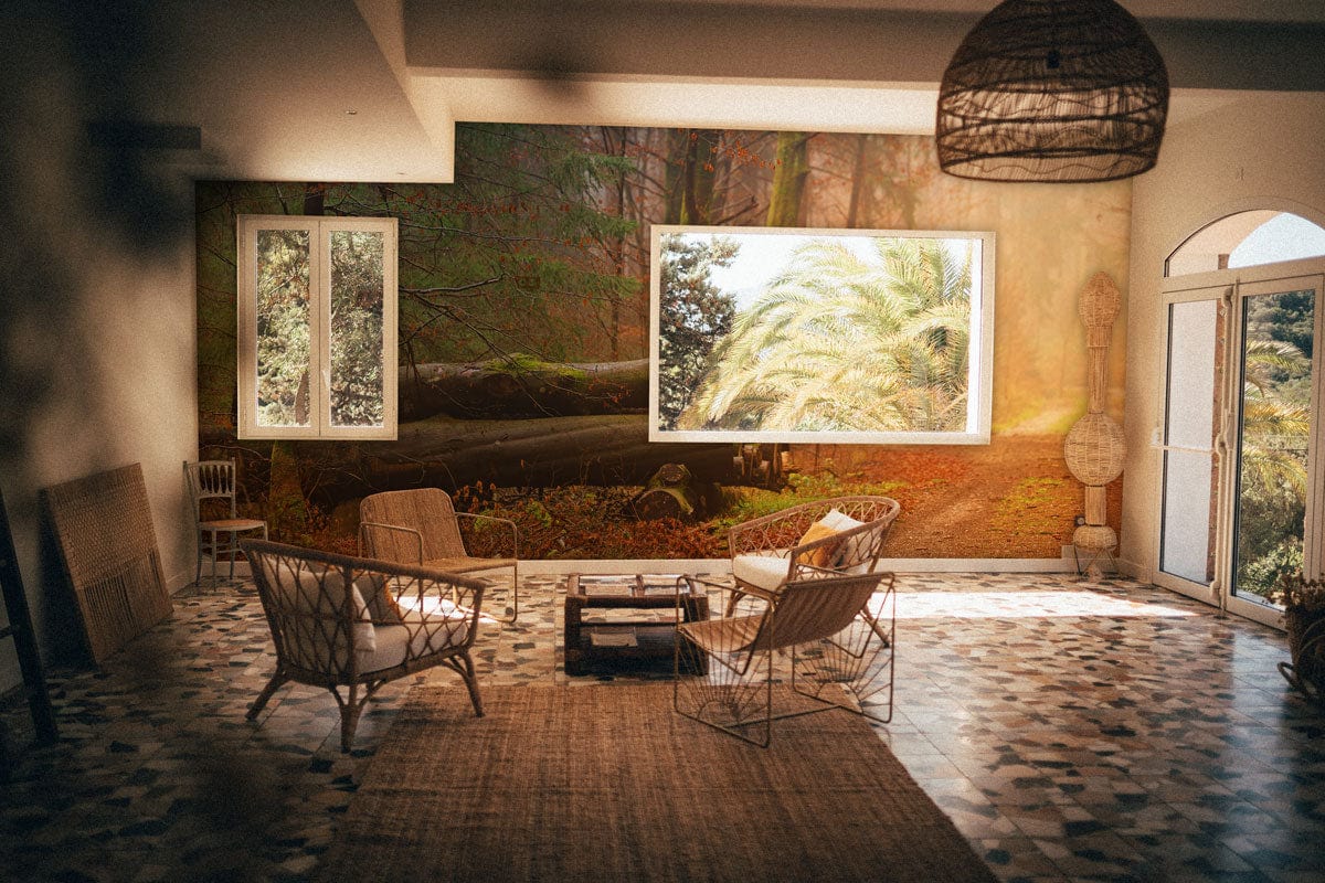 Serene Woodland Landscape Mural Wallpaper in lounge with rattan chairs, tiled floor, and woven pendant.