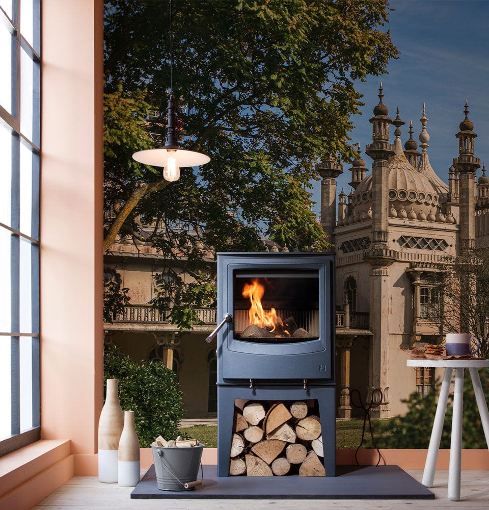Vintage architectural mural wallpaper featuring historic palace, serene landscape, wood stove, unique pendant lighting.