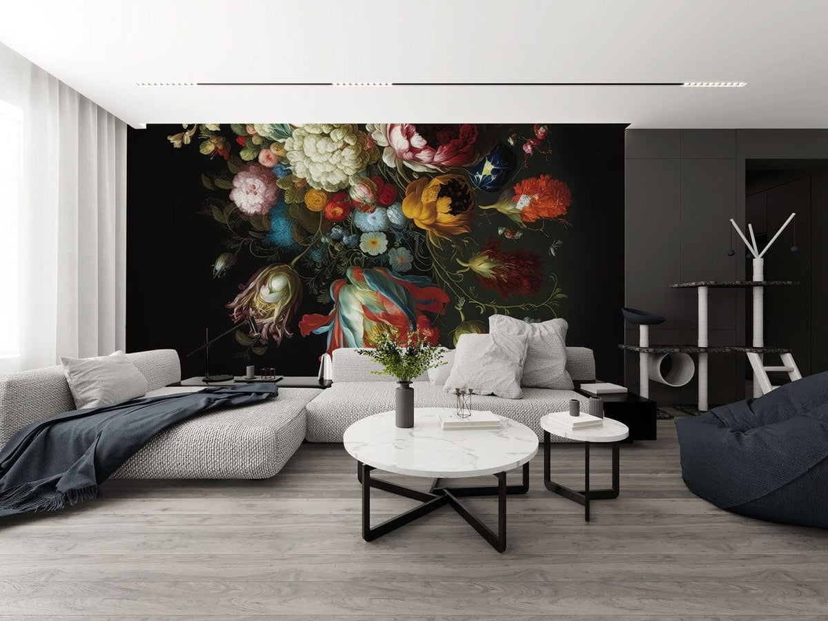 Luxurious vintage floral wallpaper mural in modern living room with grey sofa, black accents, wood flooring.