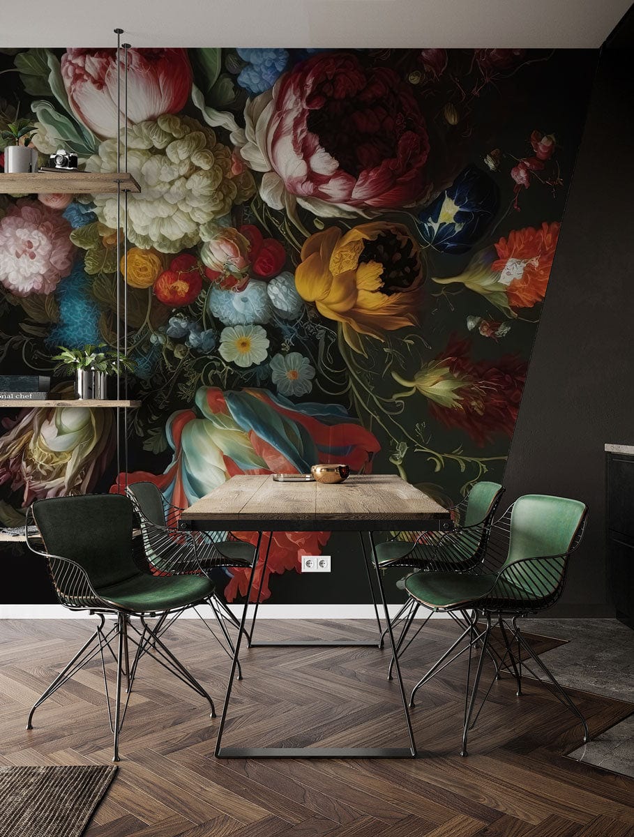 Luxurious vintage floral dark themed wallpaper mural, dining room, green chairs, herringbone wood flooring.
