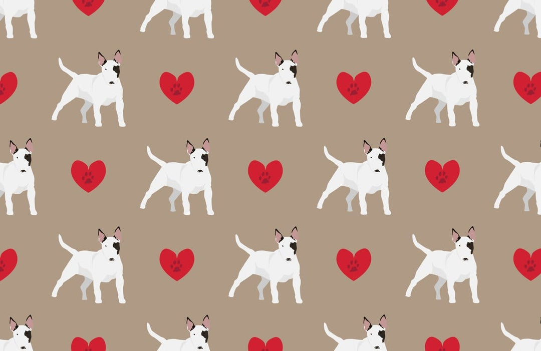 Whimsical Bull Terrier Beige Background Wallpaper with Red Heart Motifs