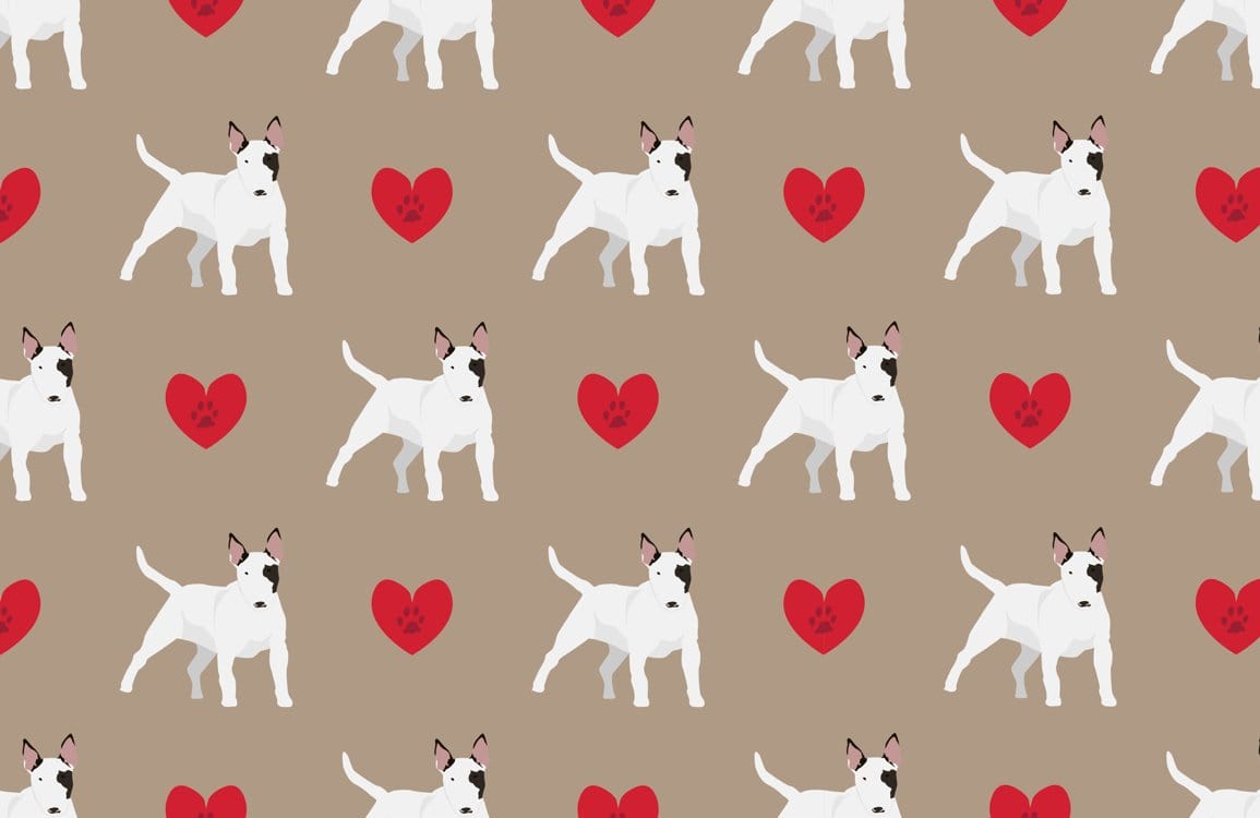 Whimsical Bull Terrier Beige Background Wallpaper with Red Heart Motifs